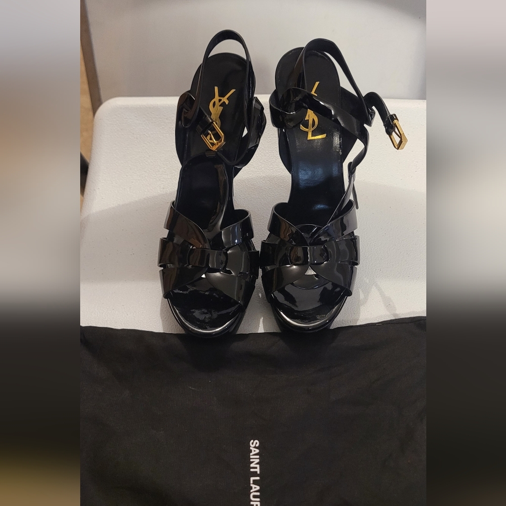 YSL Tribute Patent Leather T-Strap Platform Sandals Black Size 38